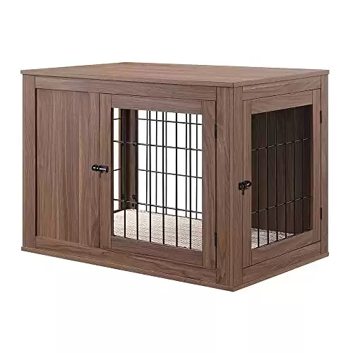 Furniture Style Dog Crate End Table with Cushion, Wooden Wire Pet Kennels with Double Doors