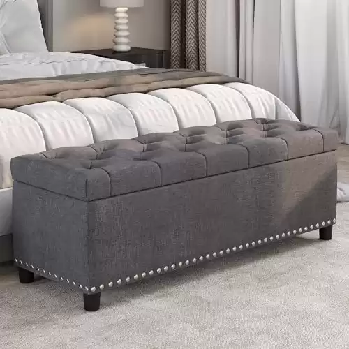 BELLEZE Modern Button-Tufted Ottoman Bench Footrest Upholstered Linen Fabric Decor for Living Room, Entryway, or Bedroom with Storage - Brentwood (Gray)