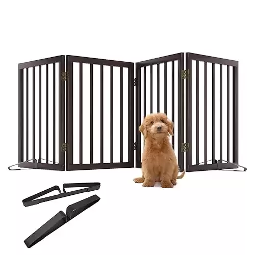 Wooden Dog Gate Foldable Dog Fence Freestanding 4 Panel Pet Gates, 24in Height with 2PCS Support Feet