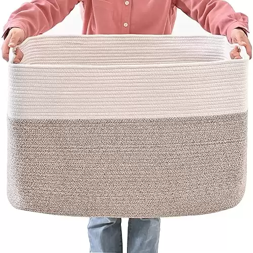 Extra Large Blanket Basket Living Room, Cotton Rope Basket for Toys, Clothes, White and Brown - 25 x16 x16 (108L)