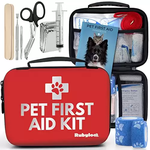 Dog First Aid Kit - Vet Approved Emergency Supplies for Dogs & Cats - Pet First Aid Handbook, Tick Remover, Slip Leash & Medical Essentials for Home