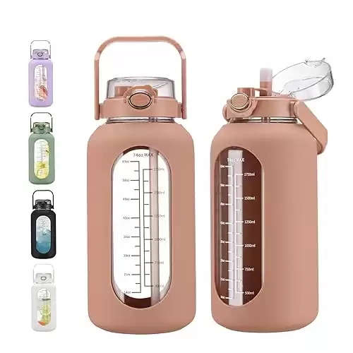 74 oz Glass Water Bottles with Straw, Time Marker and Silicone Sleeve 2.2L