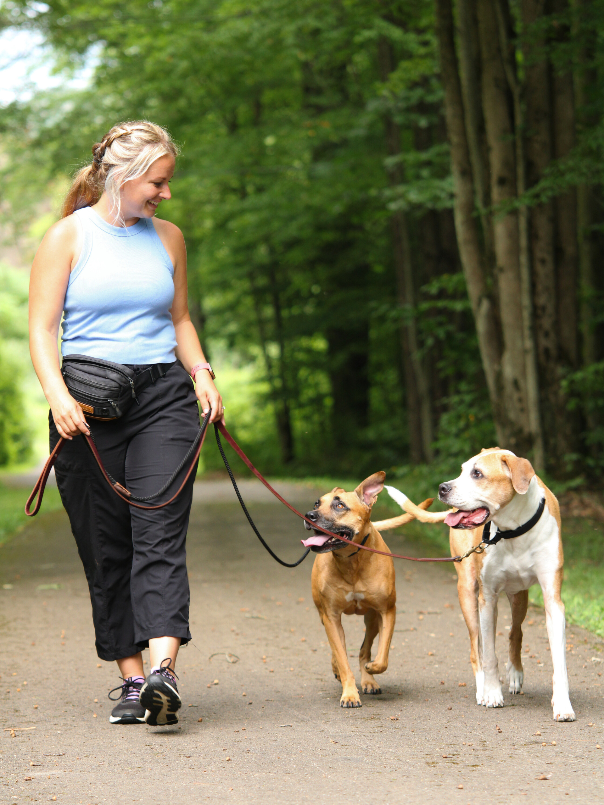 Alex, Owner of Liggett Dog Training, walking her dogs Cooper and Razz